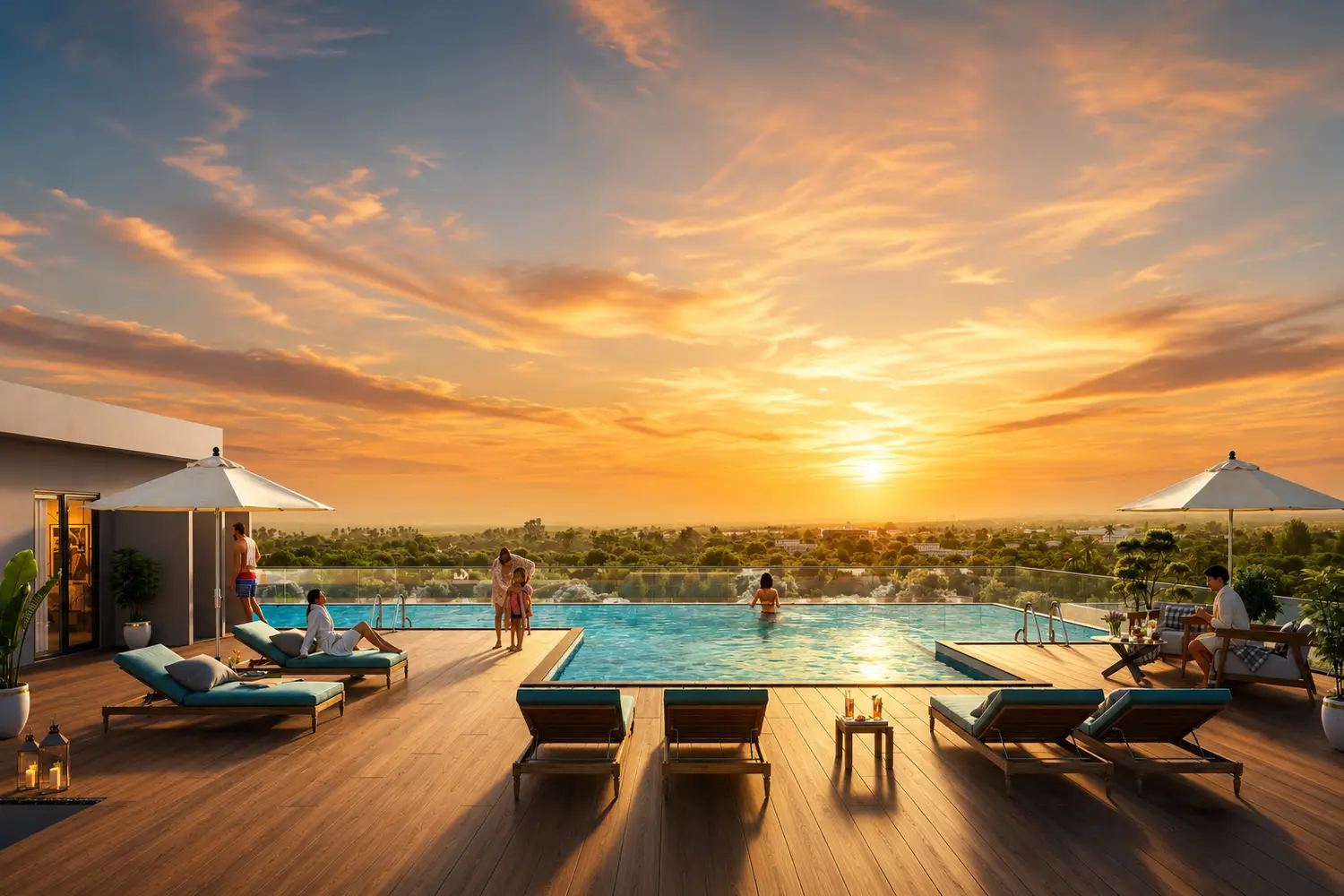 The Pravya rooftop infinity pool with sunset views, pool deck, loungers, and luxury amenities.