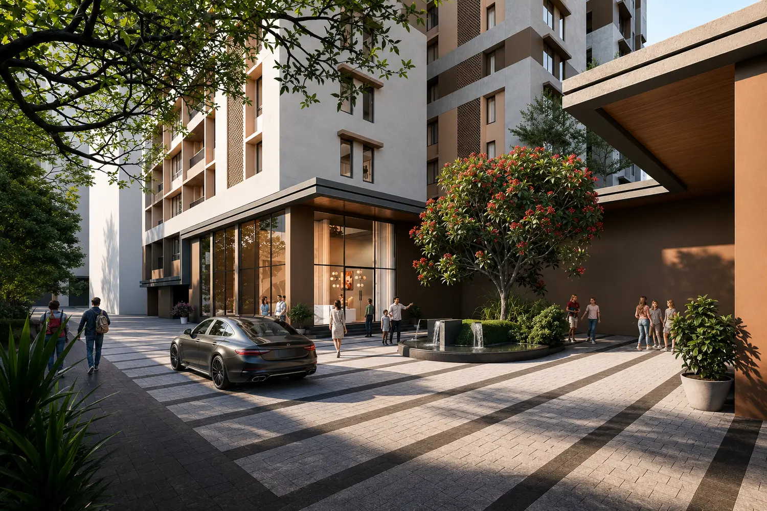 The Pravya grand entrance with landscaped driveway, modern residential towers, and elegant lobby.