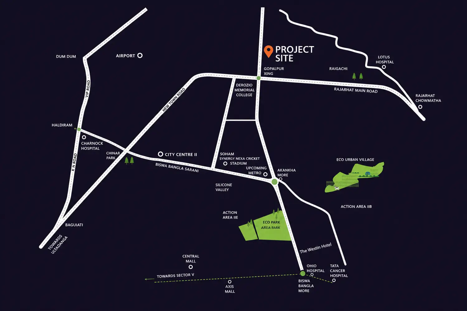 The Pravya location map highlighting nearby roads, landmarks, metro connectivity, and key destinations in Rajarhat and New Town.