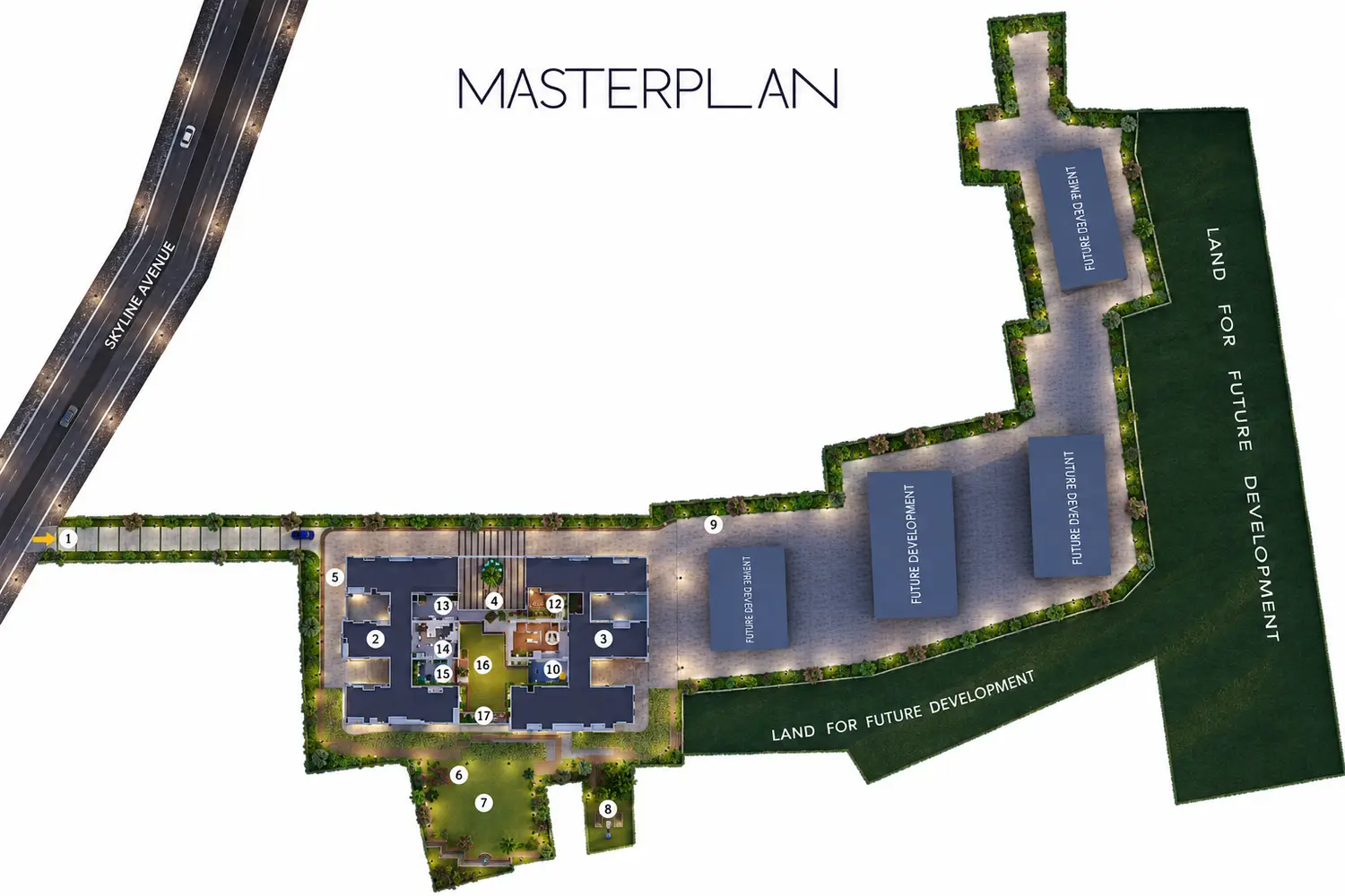 The Pravya master plan showing residential towers, amenities, landscaped areas, and future development zones.