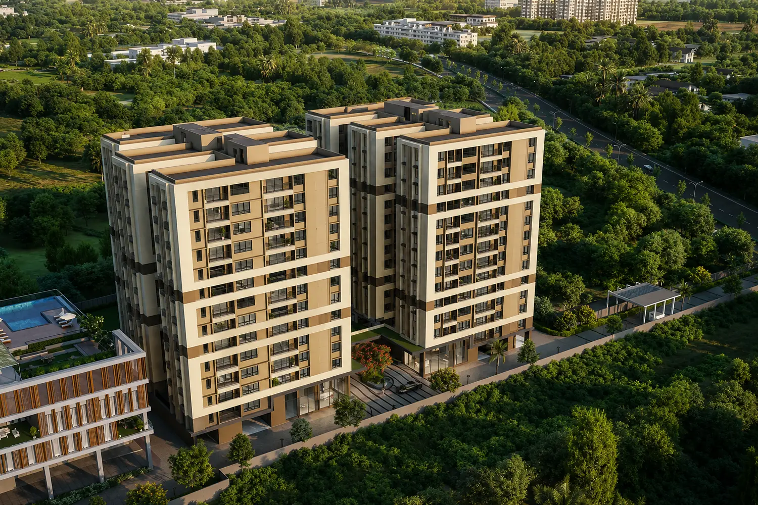 Aerial view of The Pravya with twin residential towers surrounded by greenery and landscaped spaces.