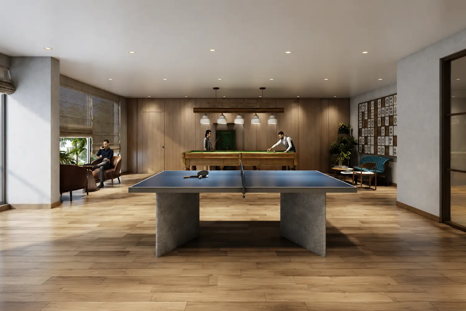 Indoor games room at Signum Niva in Alipore featuring table tennis, billiards, elegant interiors and premium recreational amenities for residents.