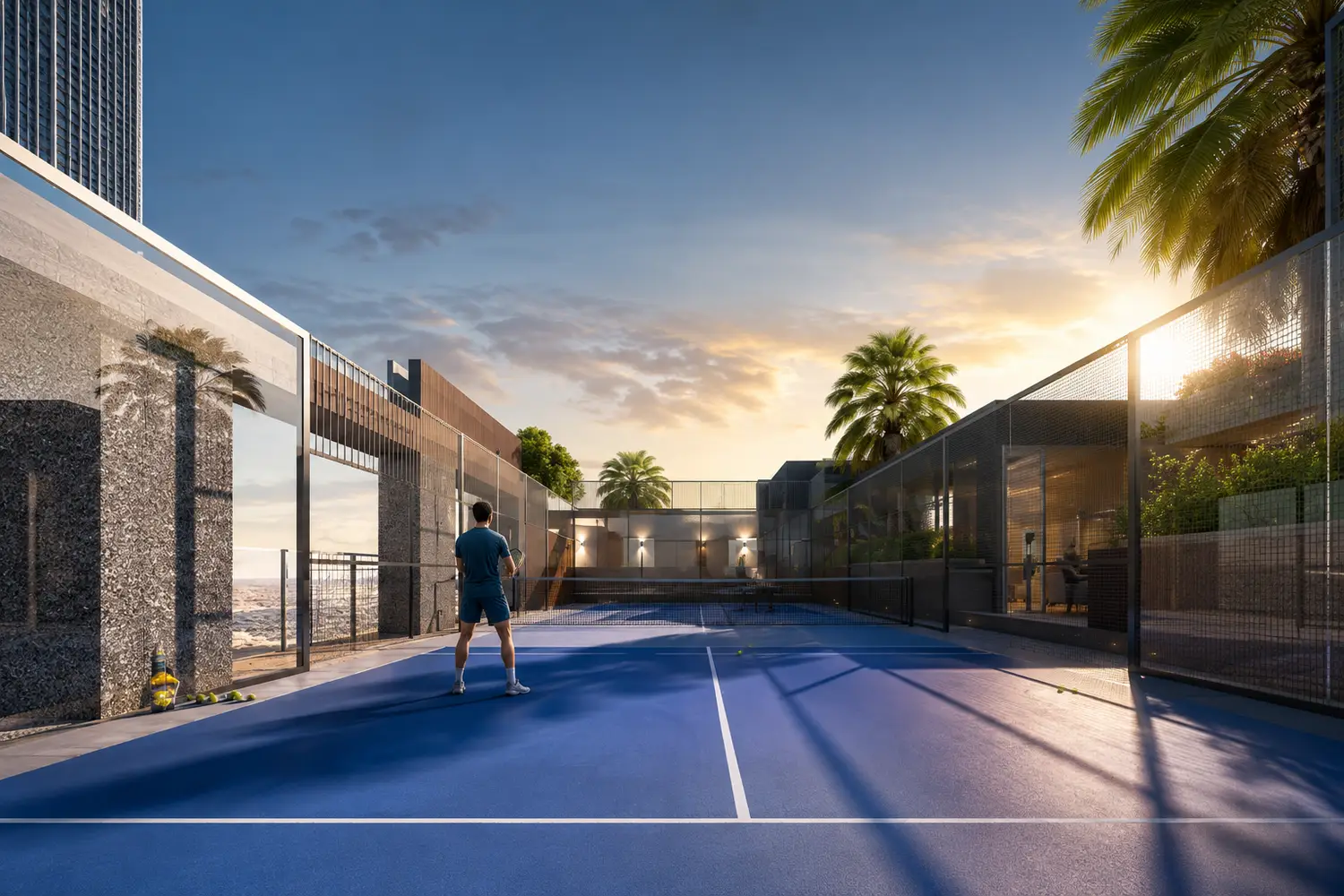 Outdoor padel court at Signum Niva in Alipore featuring premium sports facilities, landscaped surroundings, and modern recreational amenities.