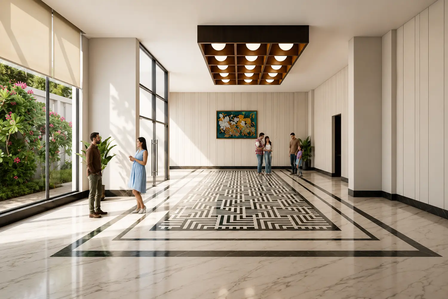 Grand lobby at Signum Niva in Alipore featuring double-height ceilings, marble flooring, contemporary interiors, natural light and elegant lounge spaces.