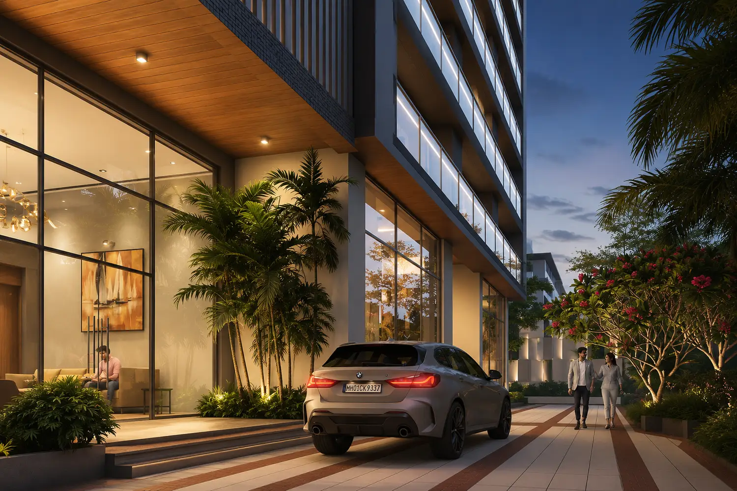 Elegant entrance façade of Signum Niva in Alipore featuring contemporary architecture, landscaped walkways, premium drop-off area and boutique luxury residences.