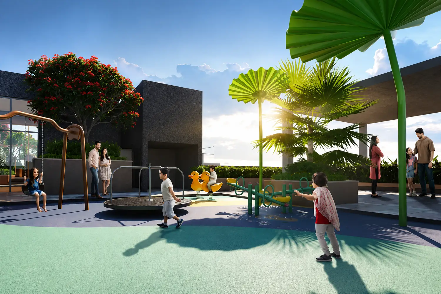 Children's play area at Signum Niva in Alipore featuring modern play equipment, landscaped surroundings, shaded seating and family-friendly outdoor amenities.
