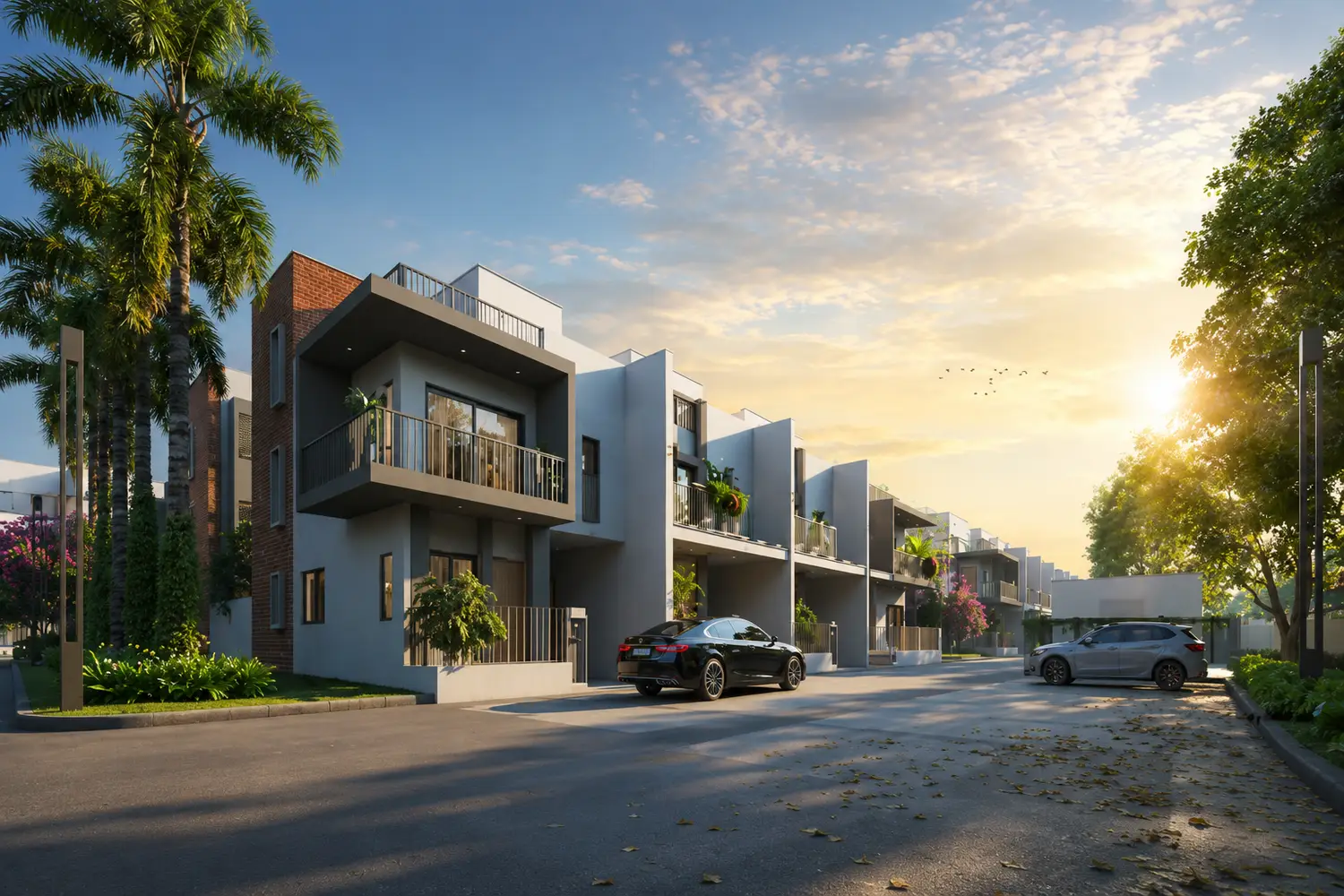 Front view of DTC Embassy Villas in Rajarhat, Kolkata, showcasing luxurious independent villas with contemporary architecture, landscaped streets, and lush greenery.