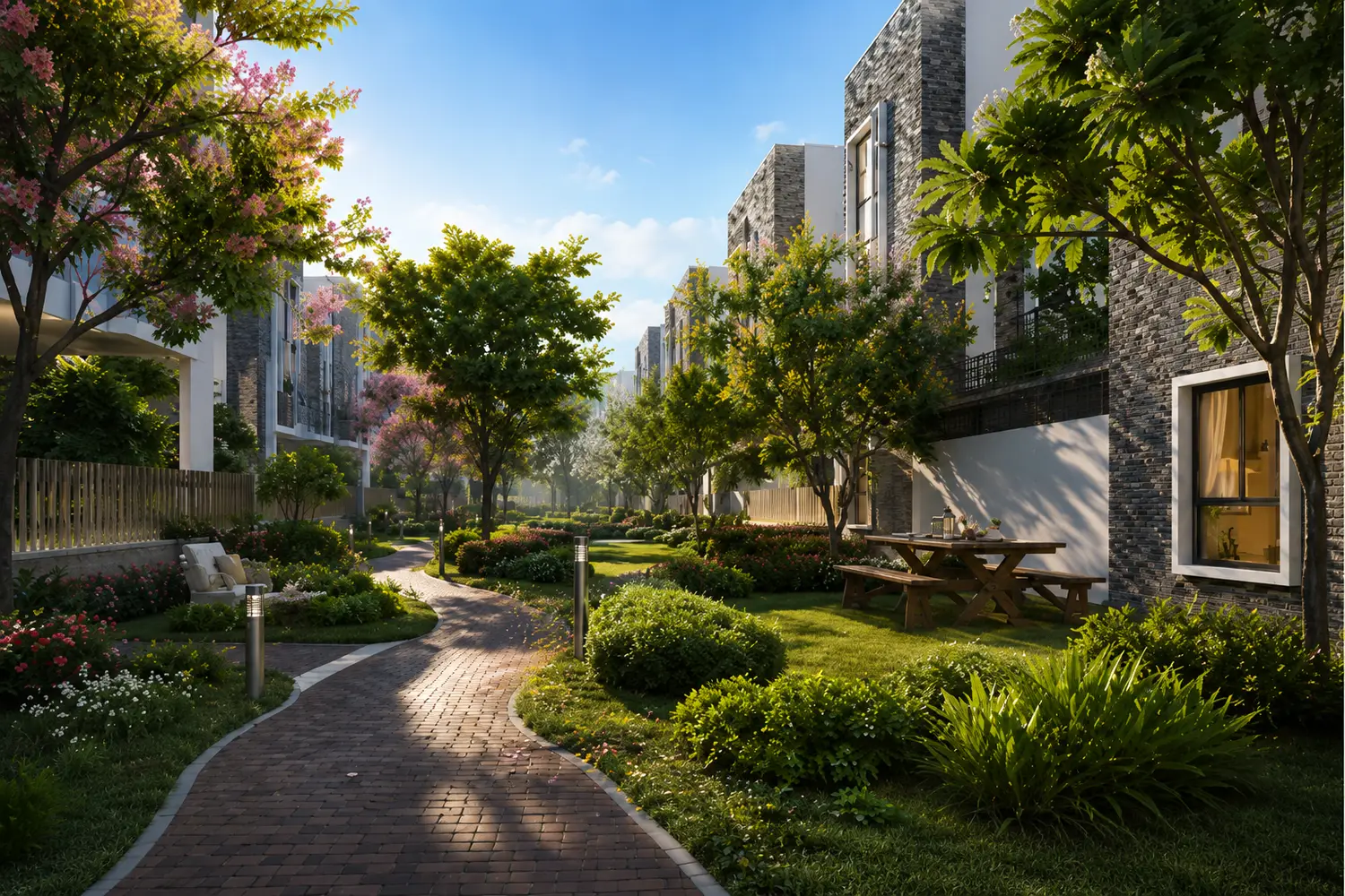 Landscaped garden at DTC Embassy Villas in Rajarhat, Kolkata, featuring lush green walkways, flowering trees, and luxurious independent villas.