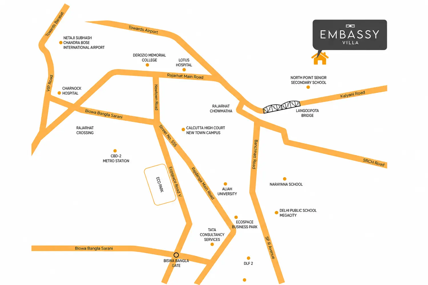 Location map of DTC Embassy Villas in Rajarhat, Kolkata, highlighting connectivity to Netaji Subhash Chandra Bose International Airport, Eco Park, CBD-2 Metro Station, schools, hospitals, and major roadways.