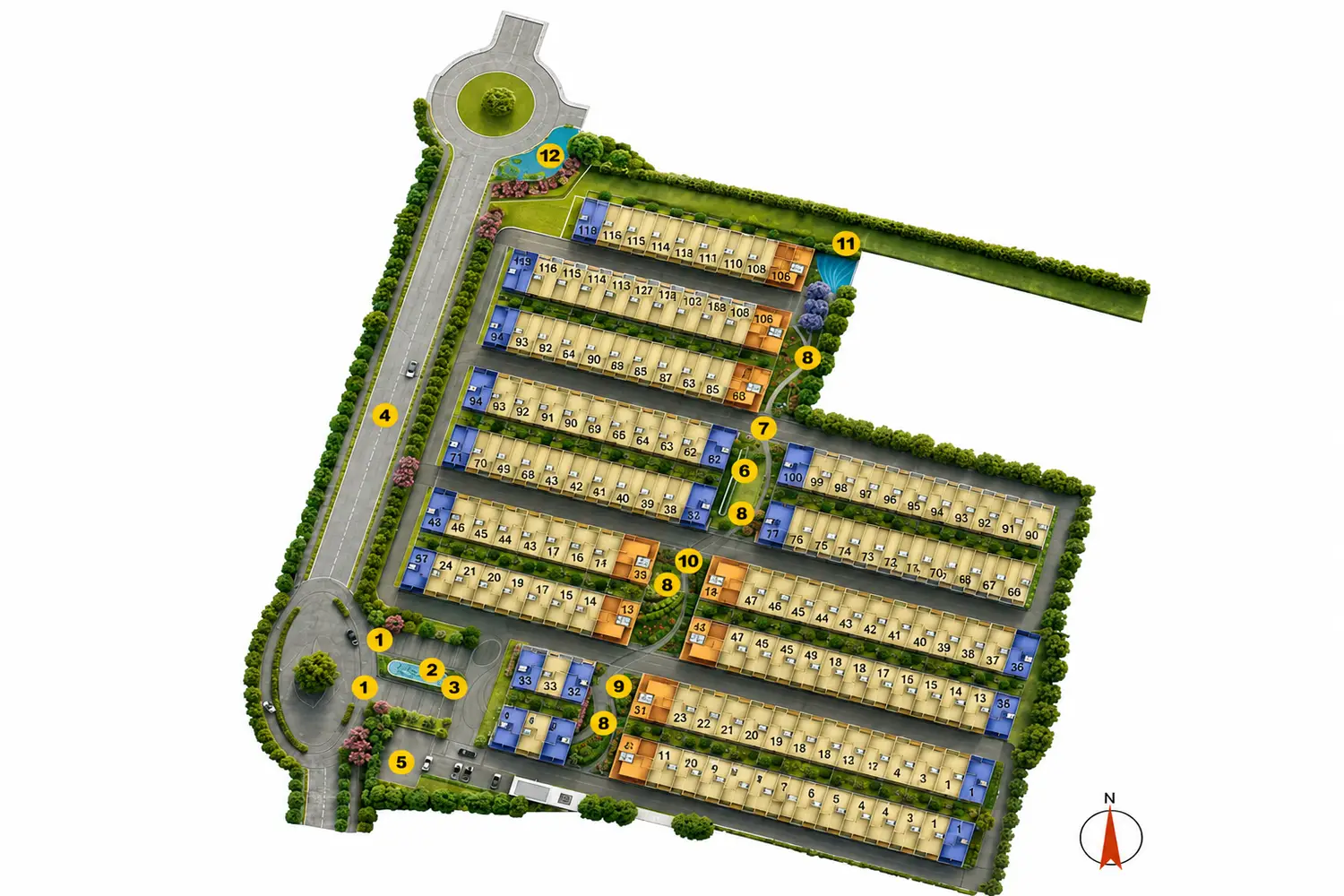 Master plan of DTC Embassy Villas in Rajarhat, Kolkata, showcasing independent villa layouts, landscaped gardens, internal roads, clubhouse, water features, and premium lifestyle amenities.