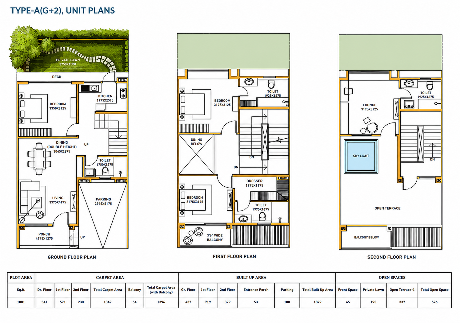 Type C (G+2) villa floor plan at DTC Embassy Villas in Rajarhat, Kolkata, featuring ground, first, and terrace floor layouts with private lawn, open terrace, balcony, parking, and spacious living areas.
