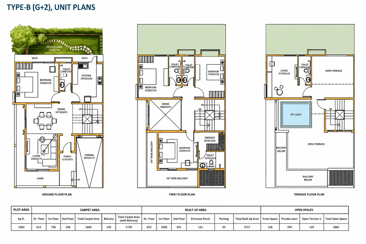 Type B (G+2) villa floor plan at DTC Embassy Villas in Rajarhat, Kolkata, featuring ground, first, and terrace floor layouts with private lawn, open terrace, balconies, parking, and spacious living areas.