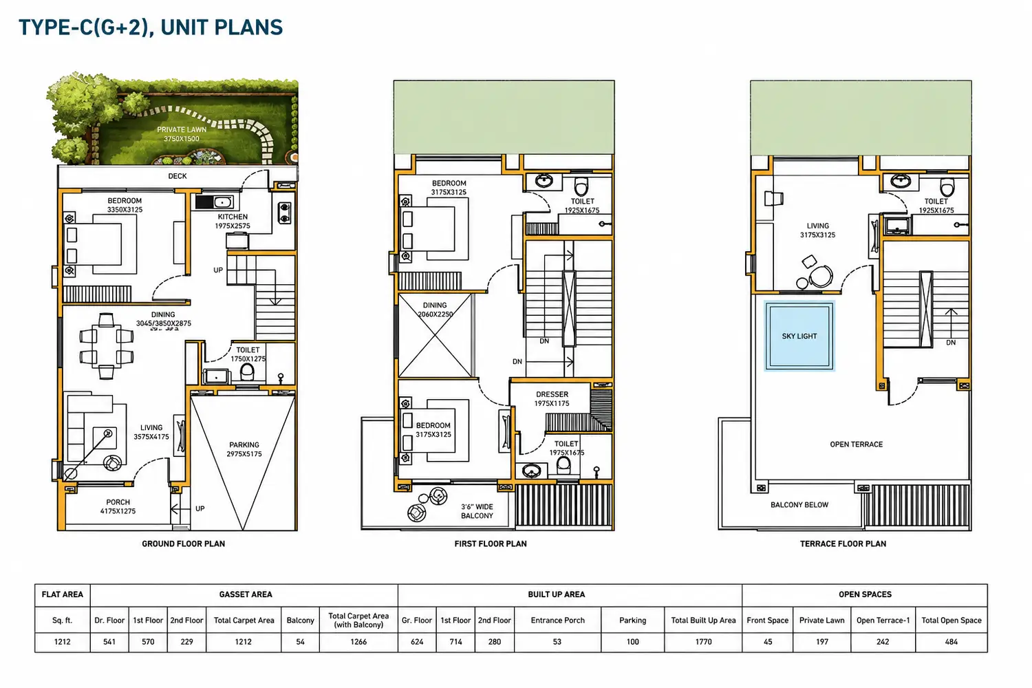 DTC Embassy Villas Type A (G+2) floor plan featuring a three-level independent villa with bedrooms, living and dining spaces, private lawn, open terrace, balcony, and parking.