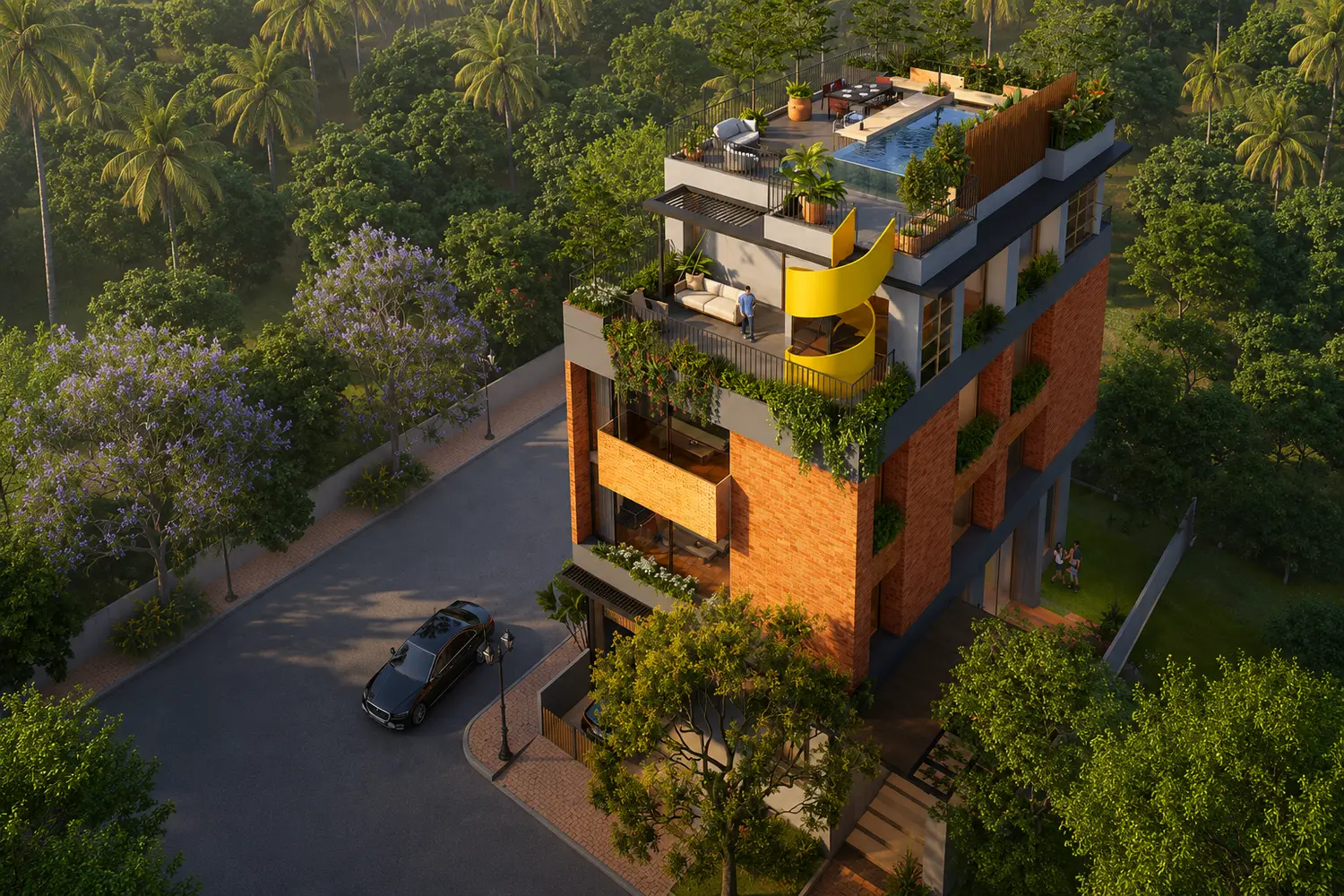 Aerial view of Forum Estates, an exclusive luxury residential development featuring a contemporary multi-storey building with warm brick and glass architecture, lush landscaped terraces, a rooftop infinity pool, private outdoor spaces, and a signature yellow spiral staircase, surrounded by dense tropical greenery and wide tree-lined roads.