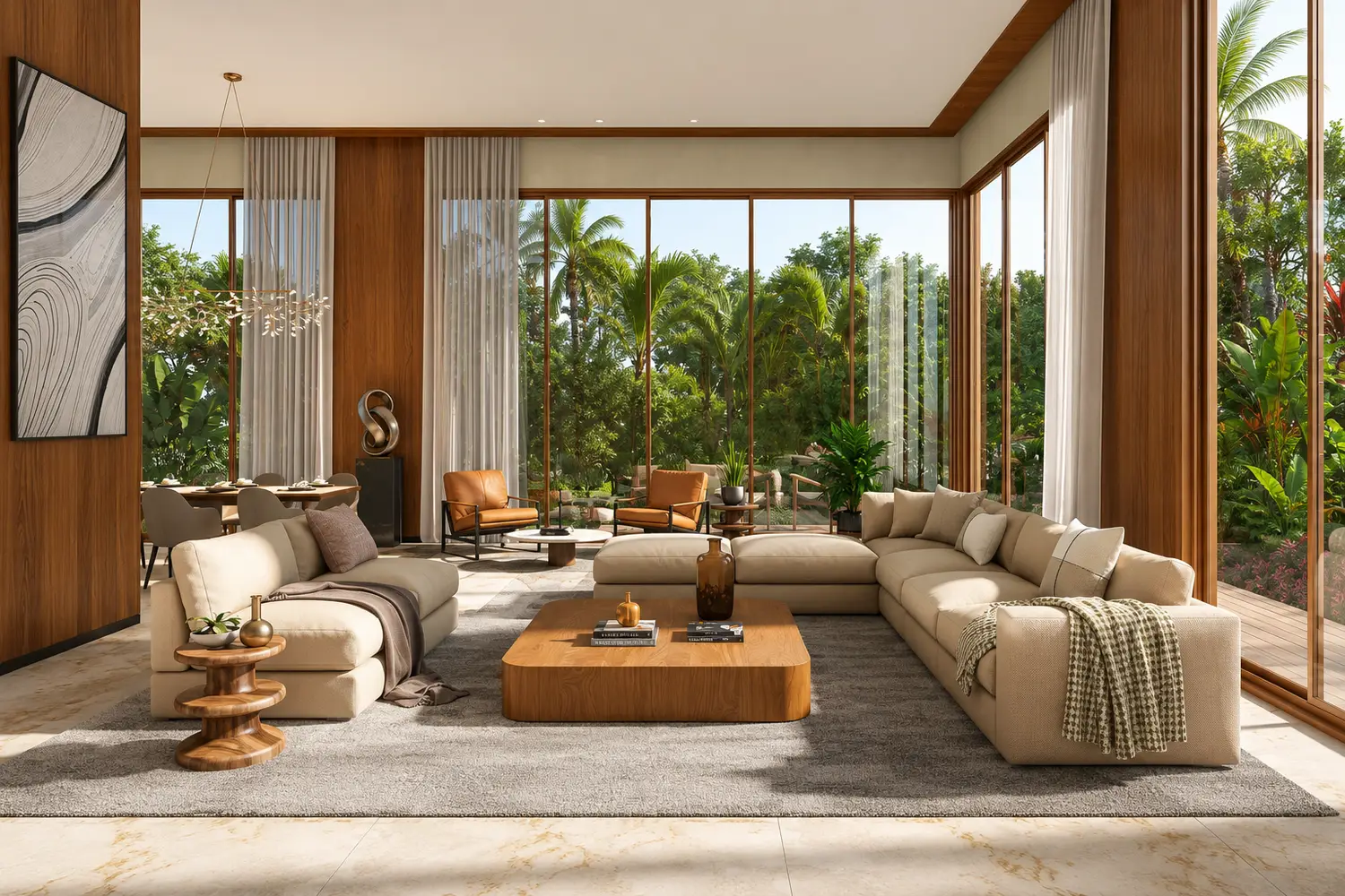 Elegant living room at Forum Estates featuring spacious open-plan interiors, floor-to-ceiling glass windows, premium wooden finishes, contemporary furnishings, abundant natural light, and seamless views of lush landscaped gardens.