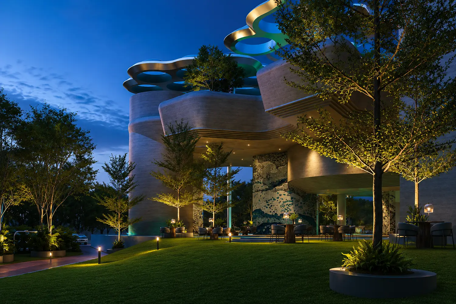 Luxurious infinity swimming pool at Forum Estates featuring a resort-style aquatic deck, sculptural canopy design, elegant poolside lounge, premium bar area, lush landscaping, and panoramic sunset views for an elevated lifestyle experience.