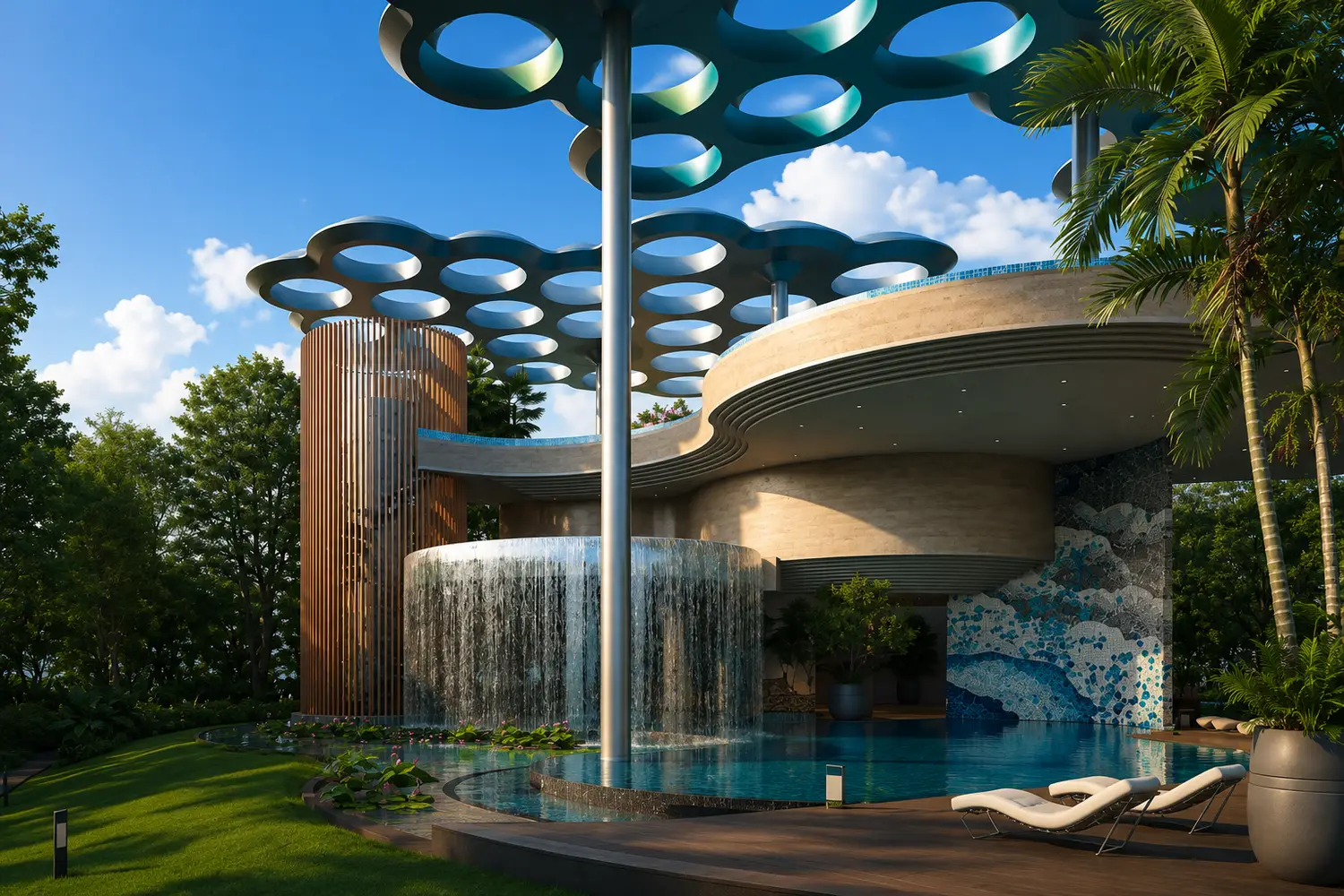 Aquatic Club at Forum Estates showcasing a stunning resort-style swimming pool with cascading waterfall features, contemporary architecture, sculptural canopy design, tropical landscaping, premium poolside lounges, and an exclusive leisure environment.