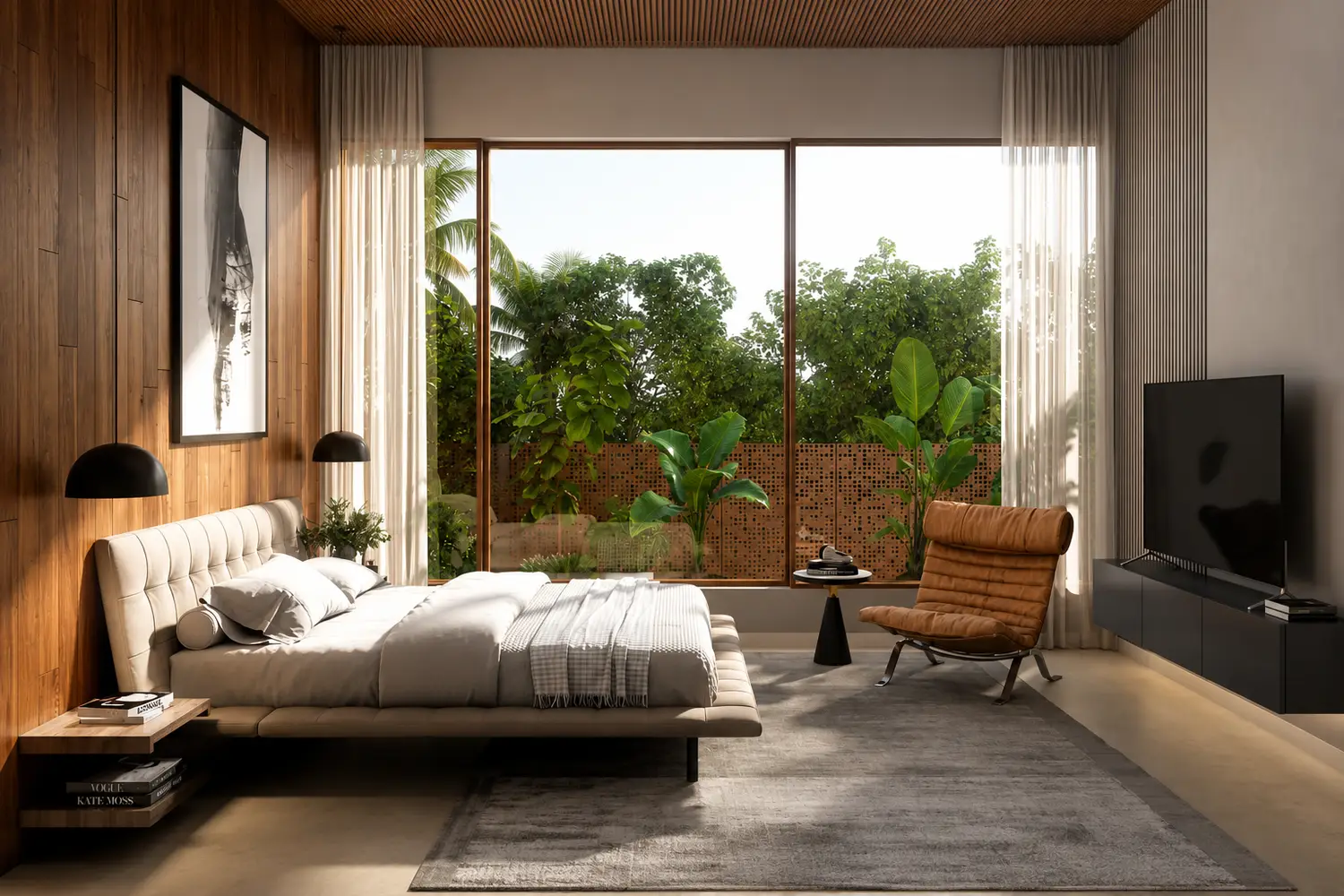 Luxury master bedroom at Forum Estates featuring warm wooden interiors, floor-to-ceiling windows, contemporary furnishings, premium finishes, abundant natural light, and serene garden views for a sophisticated and tranquil living experience.