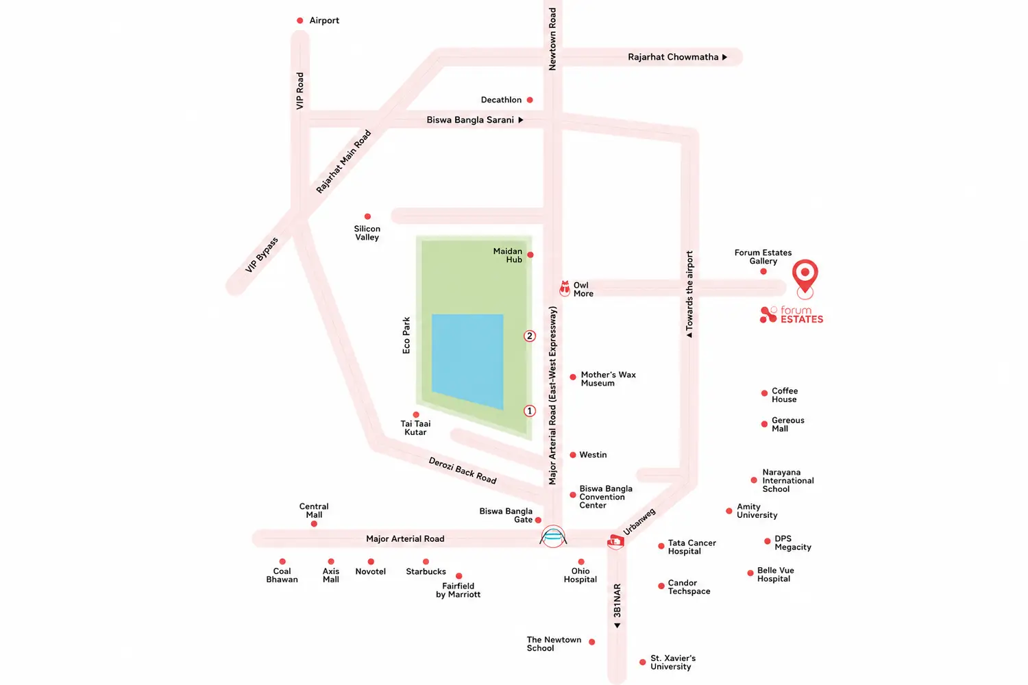 Location map of Forum Estates highlighting its strategic address in New Town, Kolkata, with seamless connectivity to Rajarhat Main Road, VIP Road, the Airport, Eco Park, Biswa Bangla Convention Centre, major hospitals, educational institutions, shopping destinations, and business hubs.