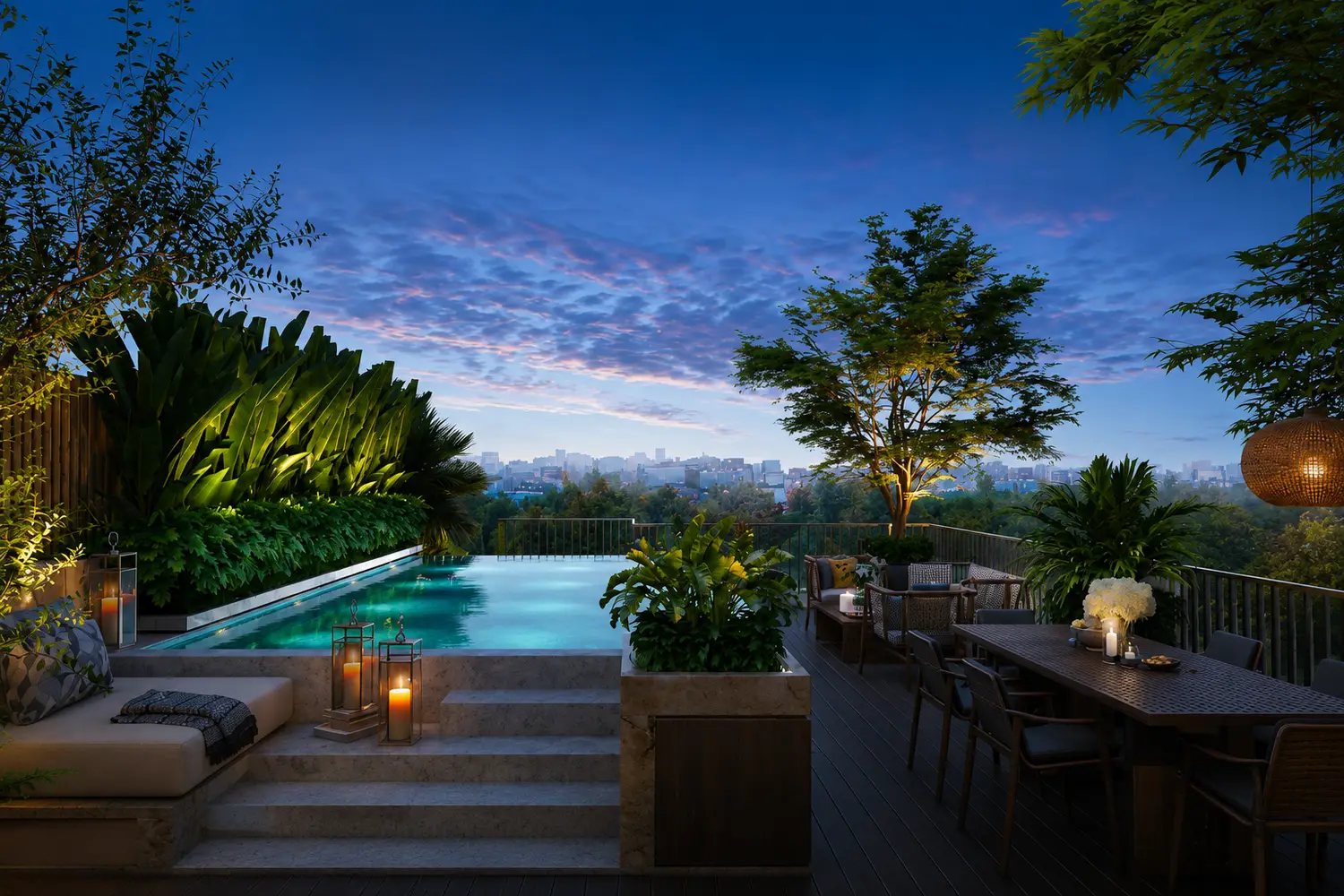Luxury rooftop pool deck at Forum Estates featuring a tranquil infinity pool, elegant outdoor dining and lounge spaces, ambient evening lighting, lush tropical landscaping, and panoramic city skyline views for an exclusive resort-style living experience.