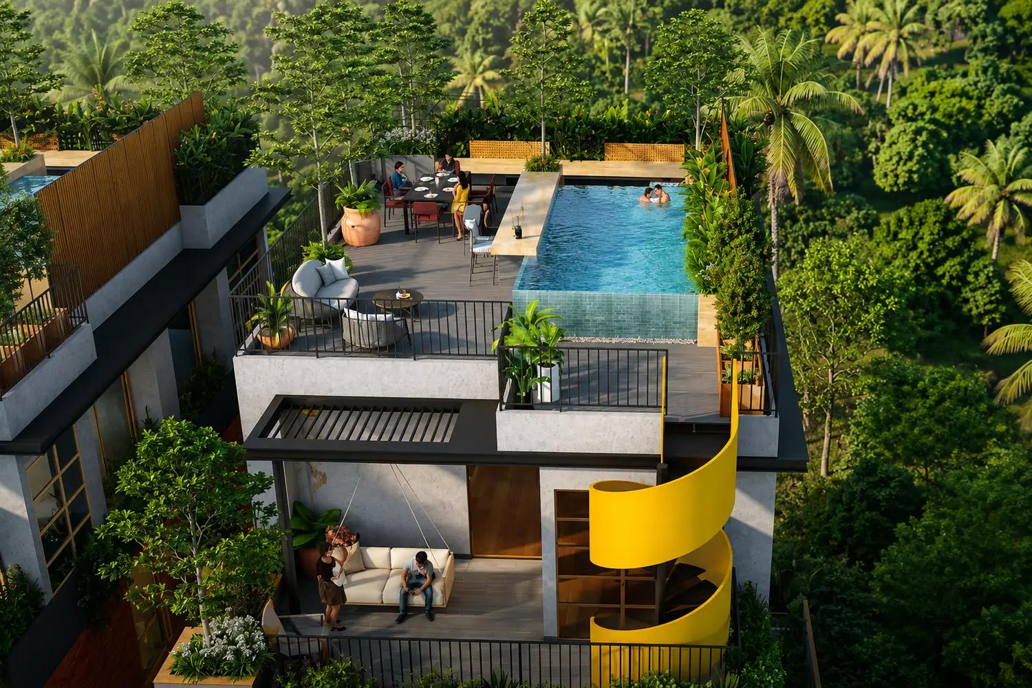 Rooftop pool deck at Forum Estates featuring a luxurious infinity pool, elegant lounge seating, an outdoor dining area, lush landscaped planters, and a striking yellow spiral staircase, offering a serene resort-style living experience amidst panoramic tropical greenery.