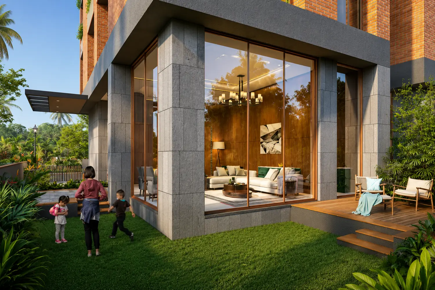 Garden-facing residence at Forum Estates featuring floor-to-ceiling glass windows, elegant contemporary interiors, a private landscaped lawn, outdoor deck seating, and lush greenery, creating a seamless blend of indoor comfort and nature.