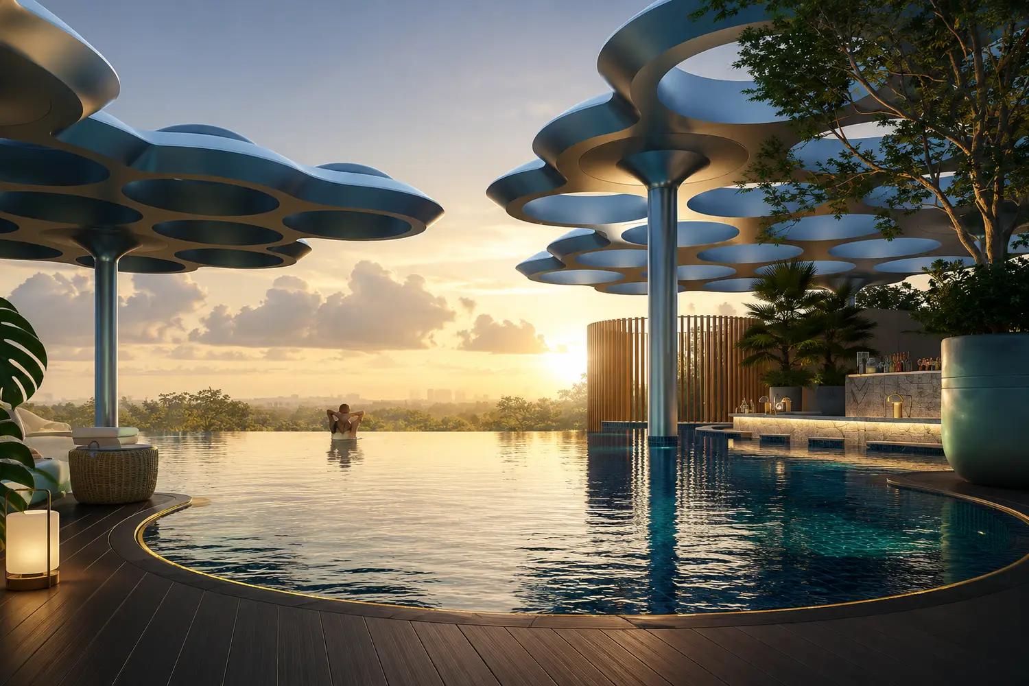 Luxurious infinity swimming pool at Forum Estates featuring a resort-style aquatic deck, sculptural canopy design, elegant poolside lounge, premium bar area, lush landscaping, and panoramic sunset views for an elevated lifestyle experience.