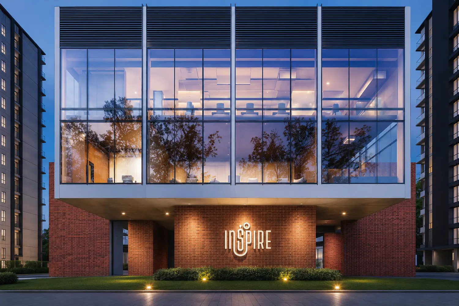 Salarpuria Inspire modern clubhouse featuring contemporary glass architecture, elegant interiors and landscaped surroundings.