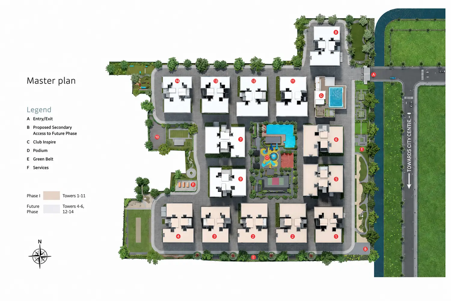 Salarpuria Inspire master plan showing residential towers, clubhouse, swimming pool, landscaped gardens, children's play area and internal roads.