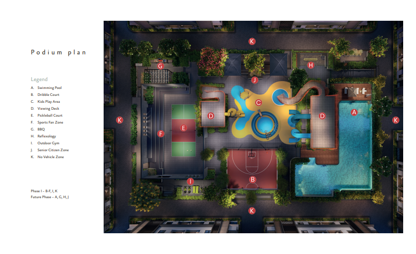 Salarpuria Inspire podium plan featuring a swimming pool, kids' play area, pickleball court, basketball court, landscaped gardens and outdoor amenities.
