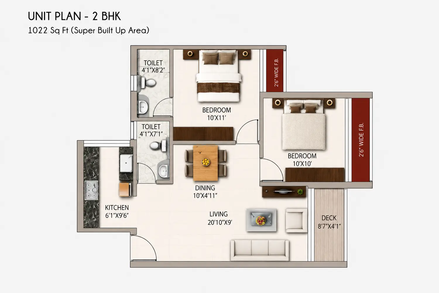 North Grande 2 BHK apartment floor plan featuring two bedrooms, living and dining area, kitchen, two bathrooms and a private deck.