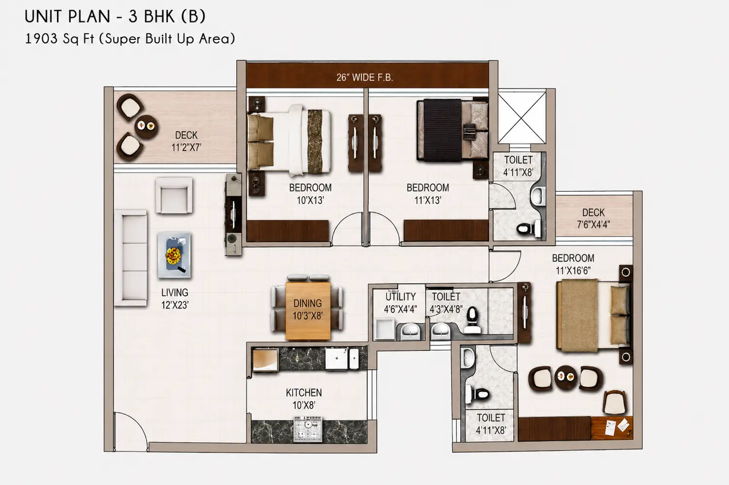 North Grande 3 BHK apartment floor plan featuring three bedrooms, spacious living and dining area, kitchen, utility space, three bathrooms and two private decks.