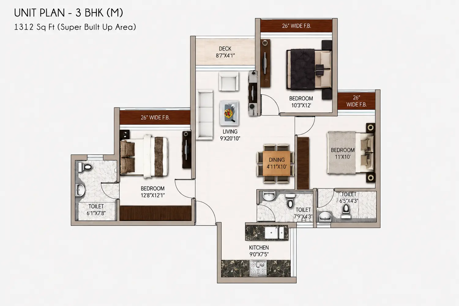 North Grande 3 BHK apartment floor plan featuring three bedrooms, spacious living and dining area, kitchen, three bathrooms and a private deck.