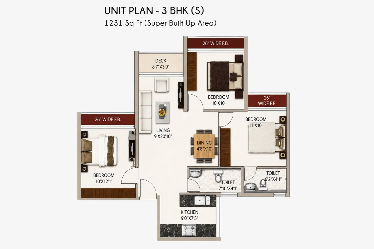 North Grande 3 BHK apartment floor plan featuring three bedrooms, spacious living and dining area, kitchen, two bathrooms and a private deck.