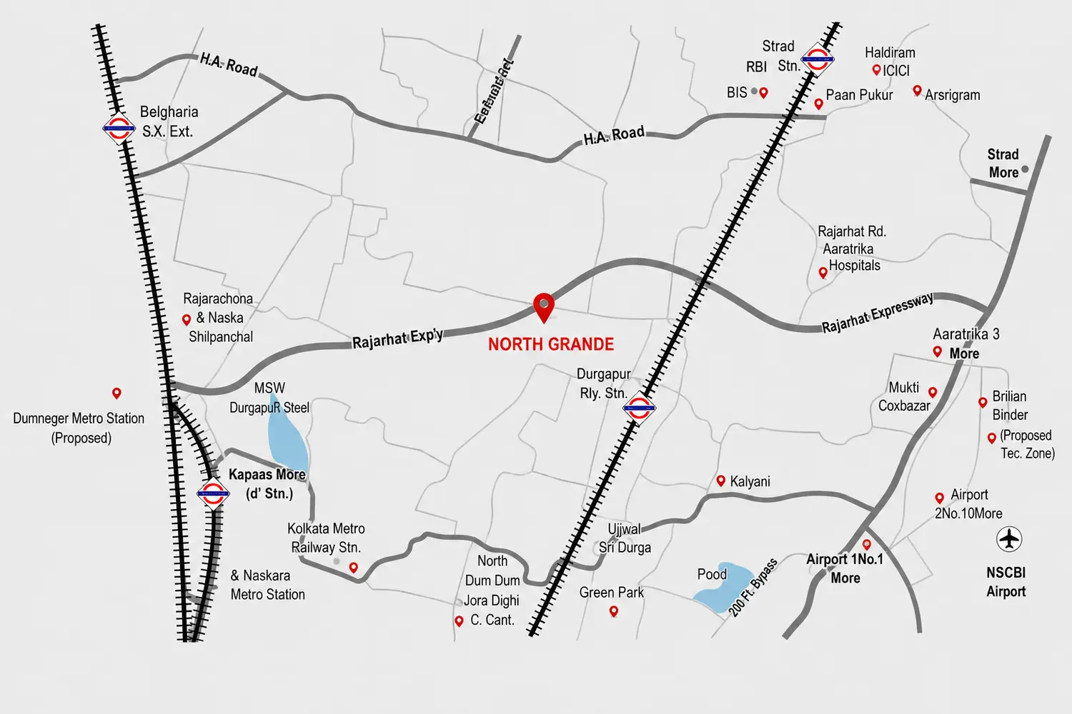 North Grande location map highlighting proximity to Rajarhat Expressway, NSCBI Airport, metro stations, hospitals and major road networks.