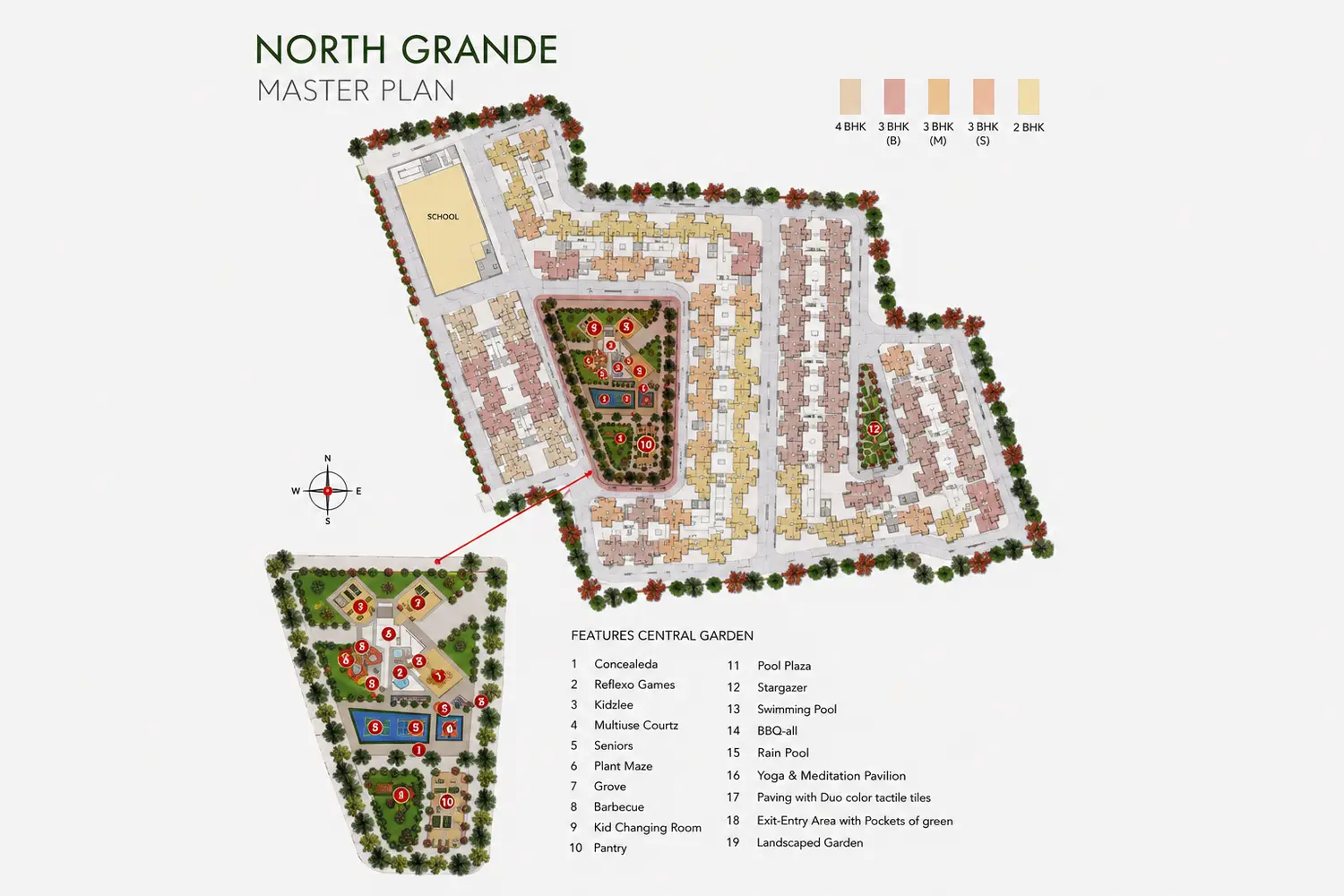 North Grande master plan featuring residential towers, central landscaped garden, swimming pool, children's play area, sports courts and premium lifestyle amenities.