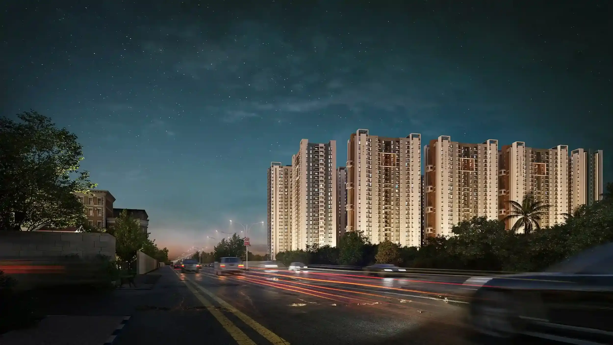 Merlin Rise residential towers along a wide six-lane expressway, featuring modern high-rise buildings surrounded by greenery.