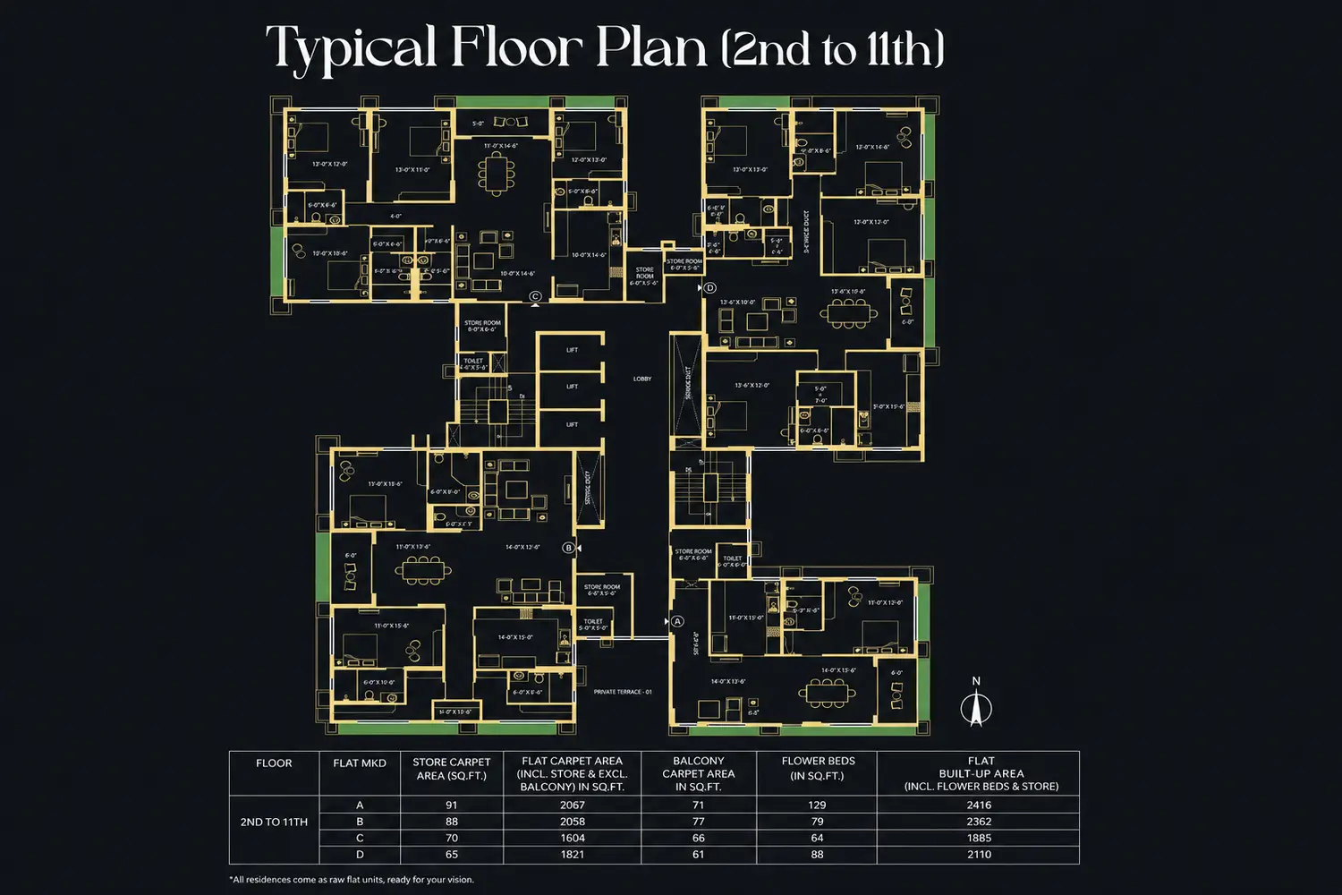 4 BHK floor plan of Signum Niva in Alipore featuring spacious bedrooms, living and dining area, kitchen, utility room, balconies, private foyer and Vaastu-compliant layout.