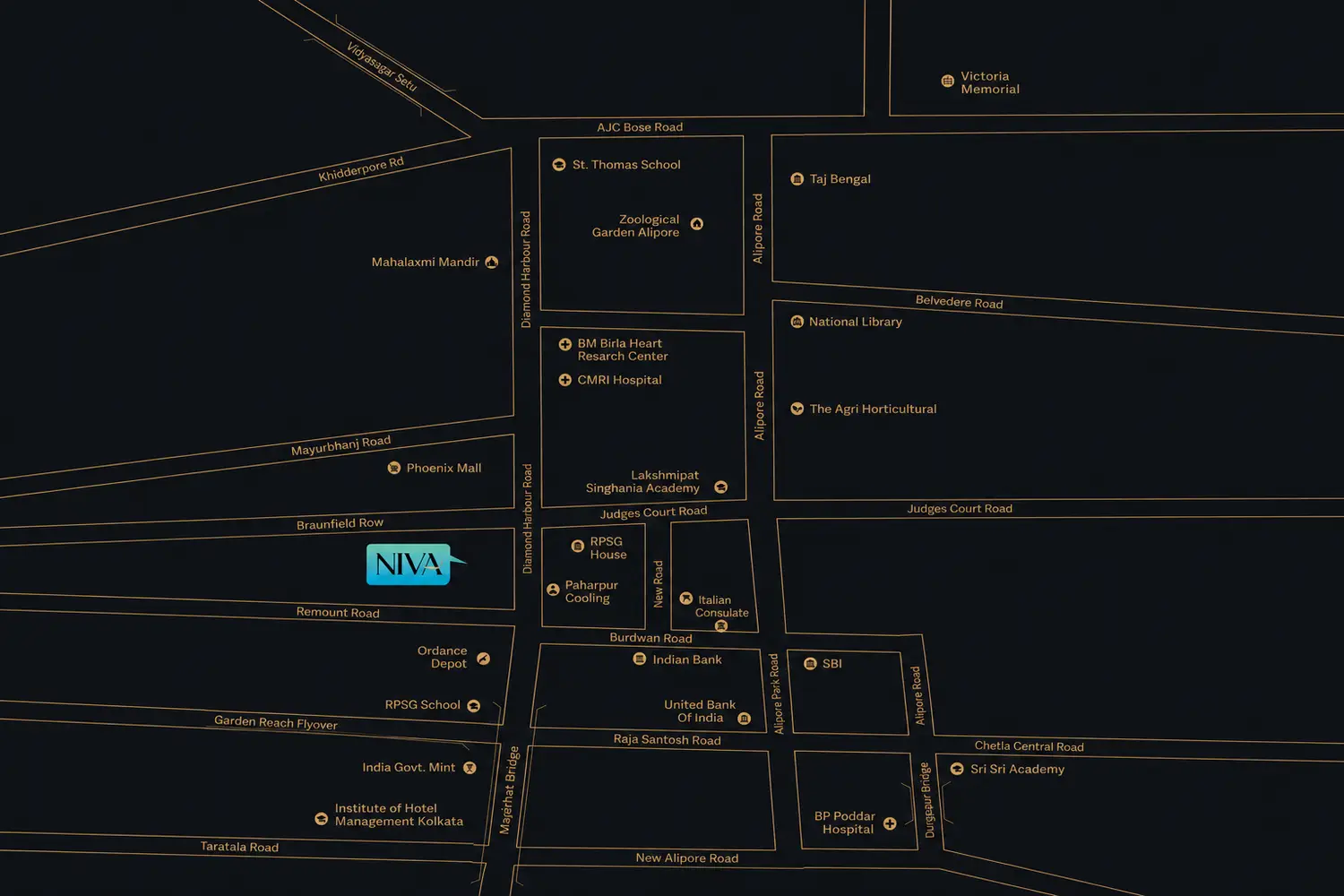Location map of Signum Niva in Alipore, Kolkata, highlighting nearby landmarks, schools, temples, shopping destinations, and key road connectivity.