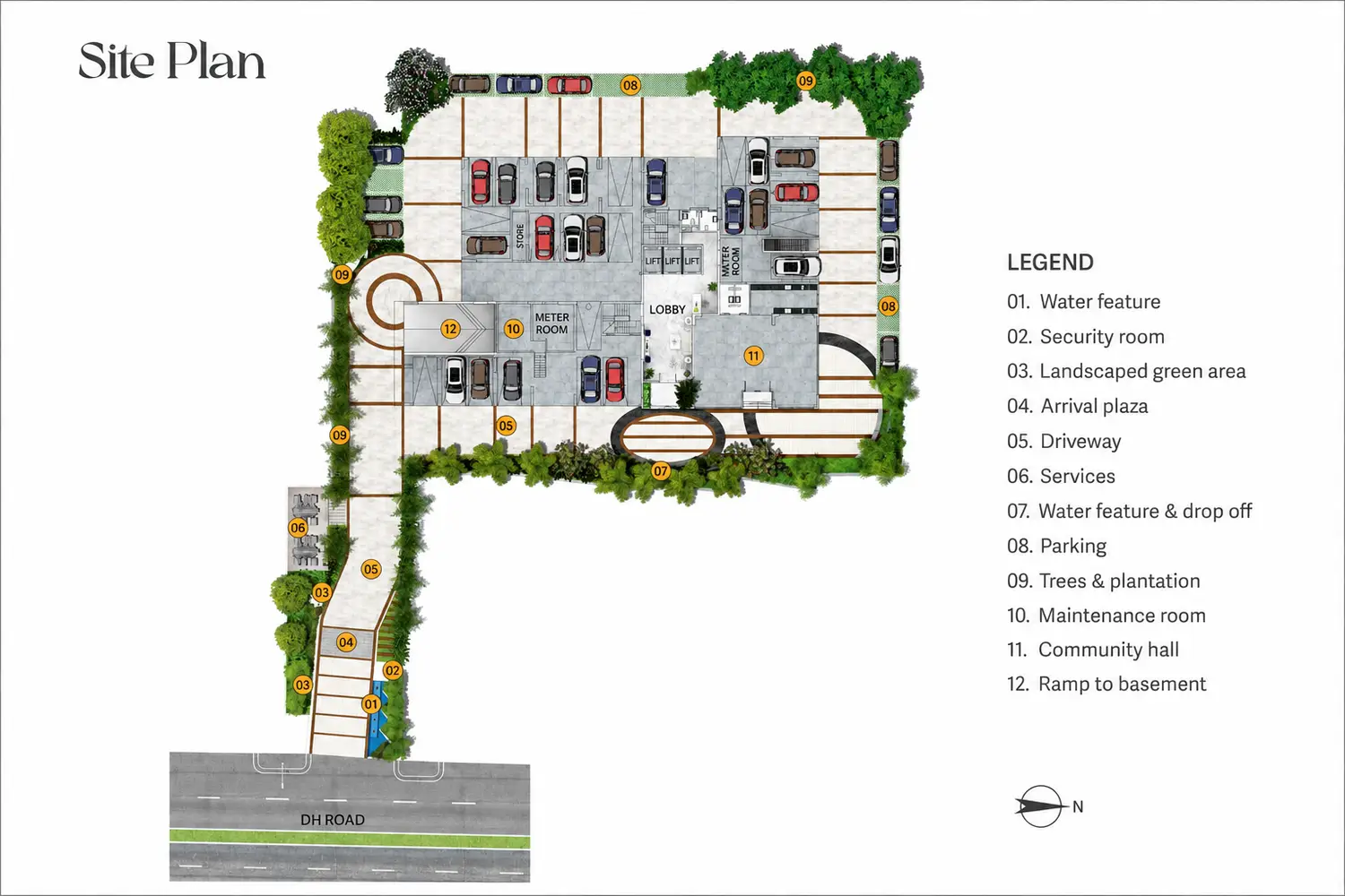 Master plan of Signum Niva in Alipore showcasing the site layout with landscaped gardens, entrance plaza, lobby, parking, driveway, security rooms and amenities.