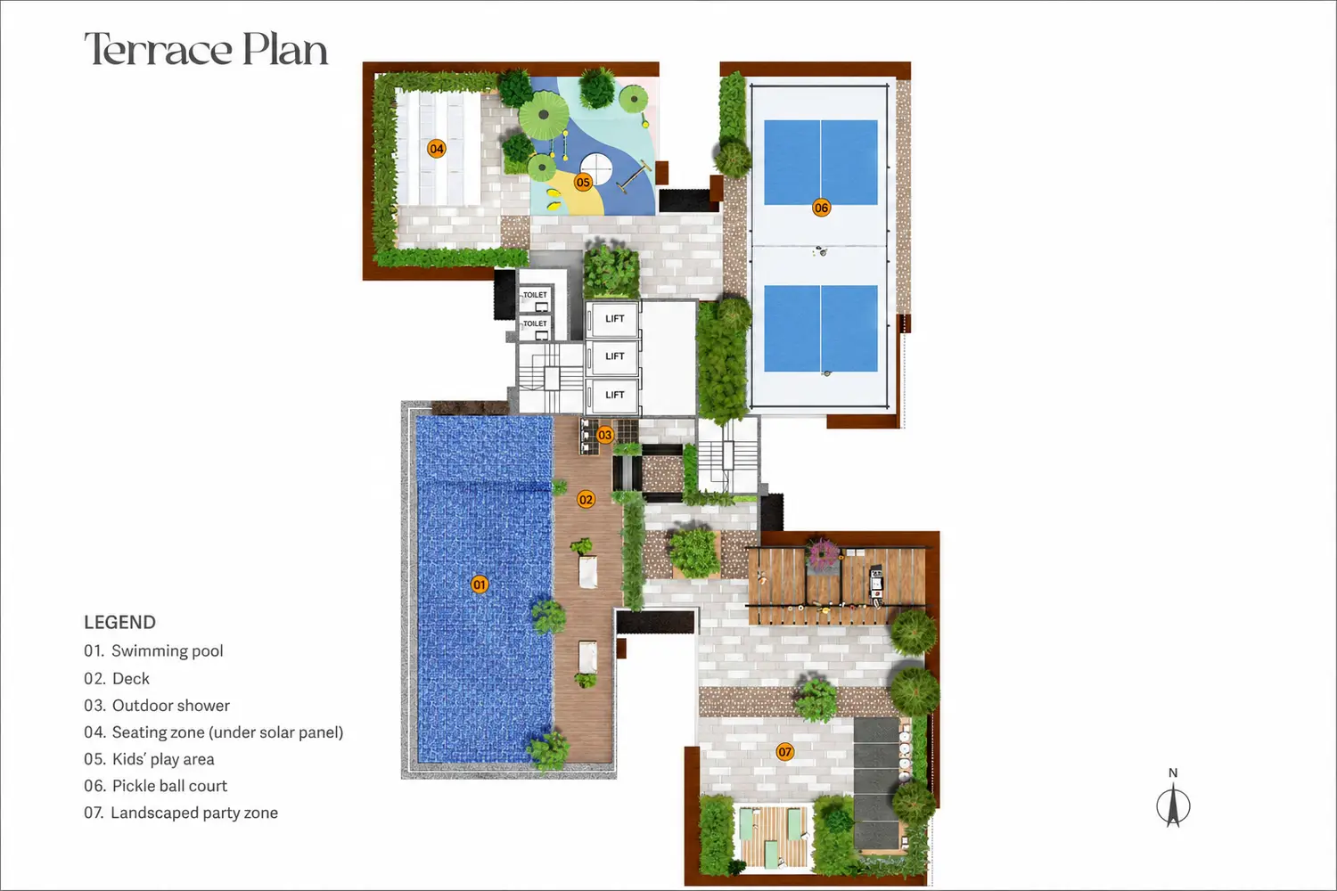 Master plan of Signum Niva in Alipore showcasing the site layout with landscaped gardens, entrance plaza, lobby, parking, driveway, security rooms and amenities.