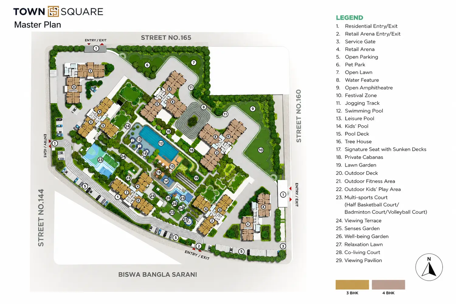 Master plan of Srijan Town Square in New Town, Kolkata, showcasing residential towers, landscaped gardens, swimming pools, clubhouse, sports courts and lifestyle amenities.