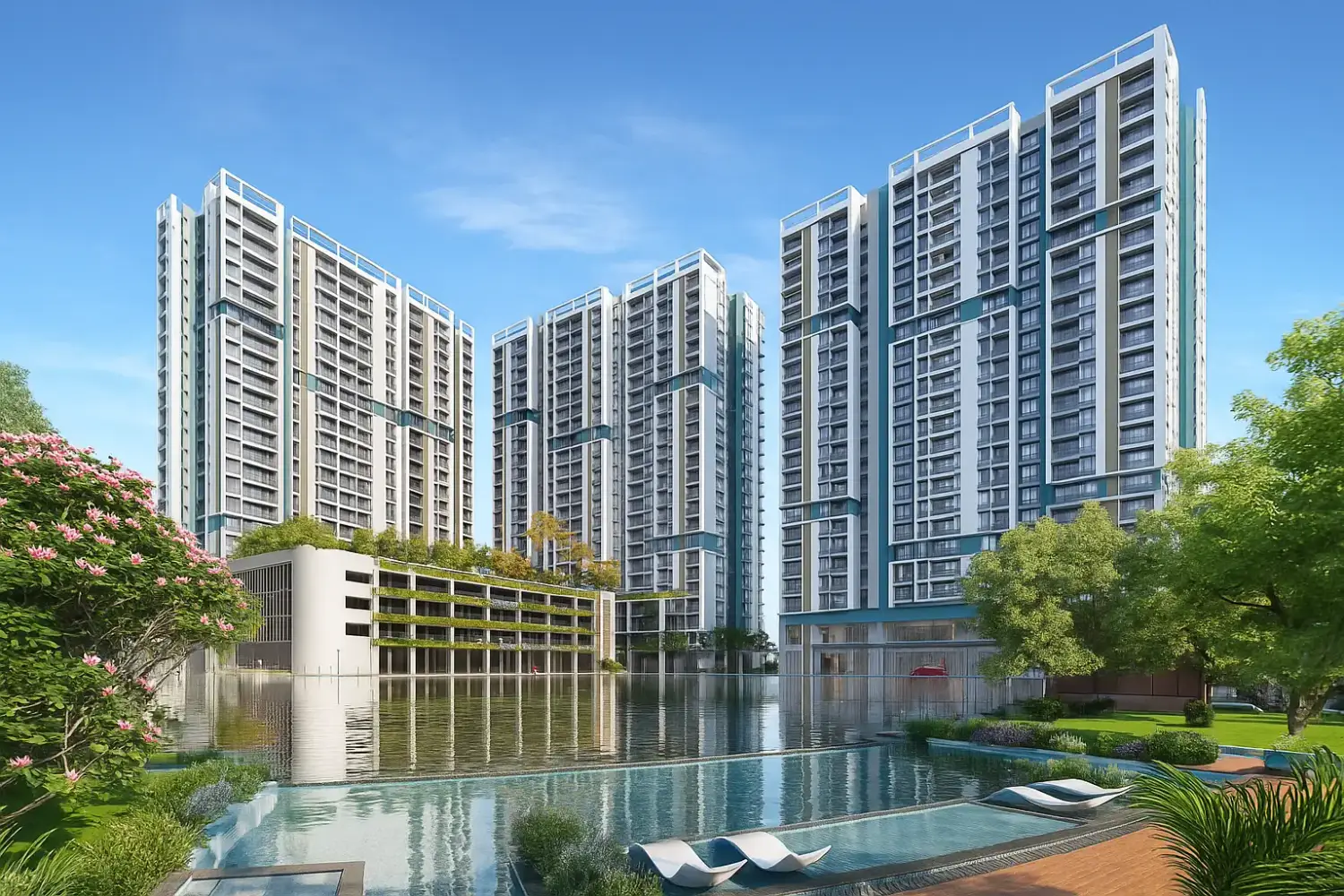 DTC Still Waters luxury residential towers with a grand waterfront, infinity pool, landscaped gardens and premium apartments in New Town, Kolkata.