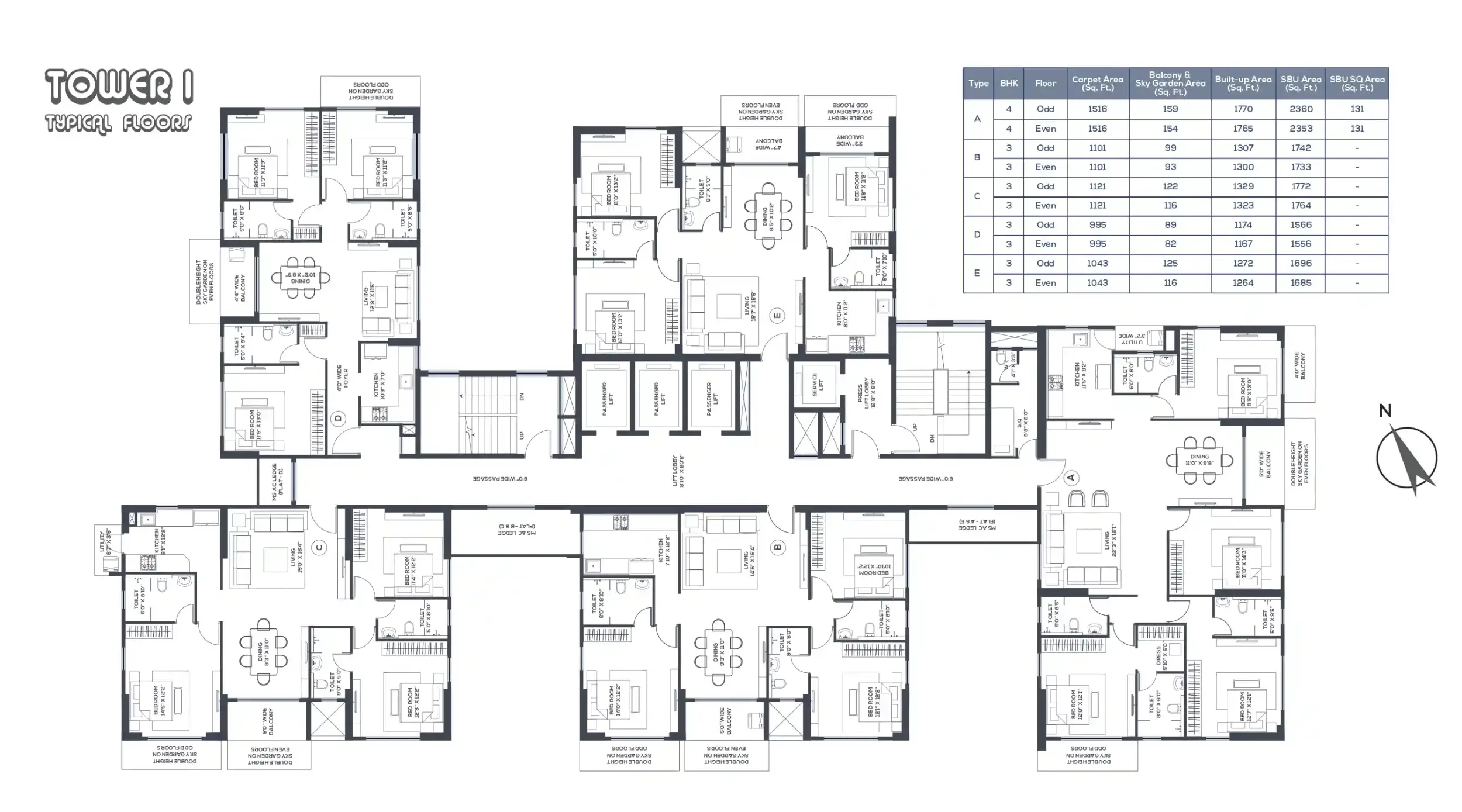 Tower 1 typical floor plan at Vinayak Amara featuring 3 BHK and 4 BHK apartment layouts with efficient space planning and premium residences.