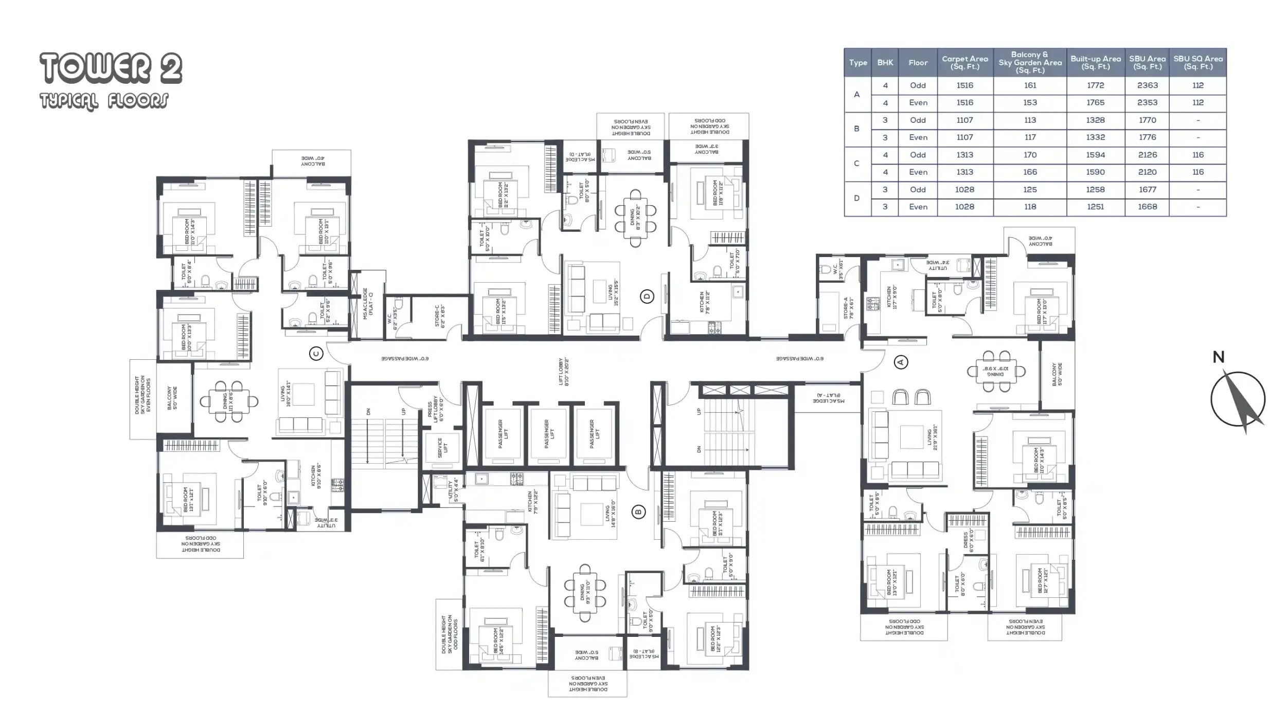 Tower 2 typical floor plan at Vinayak Amara featuring 3 BHK and 4 BHK apartment layouts with efficient space planning and premium residences.