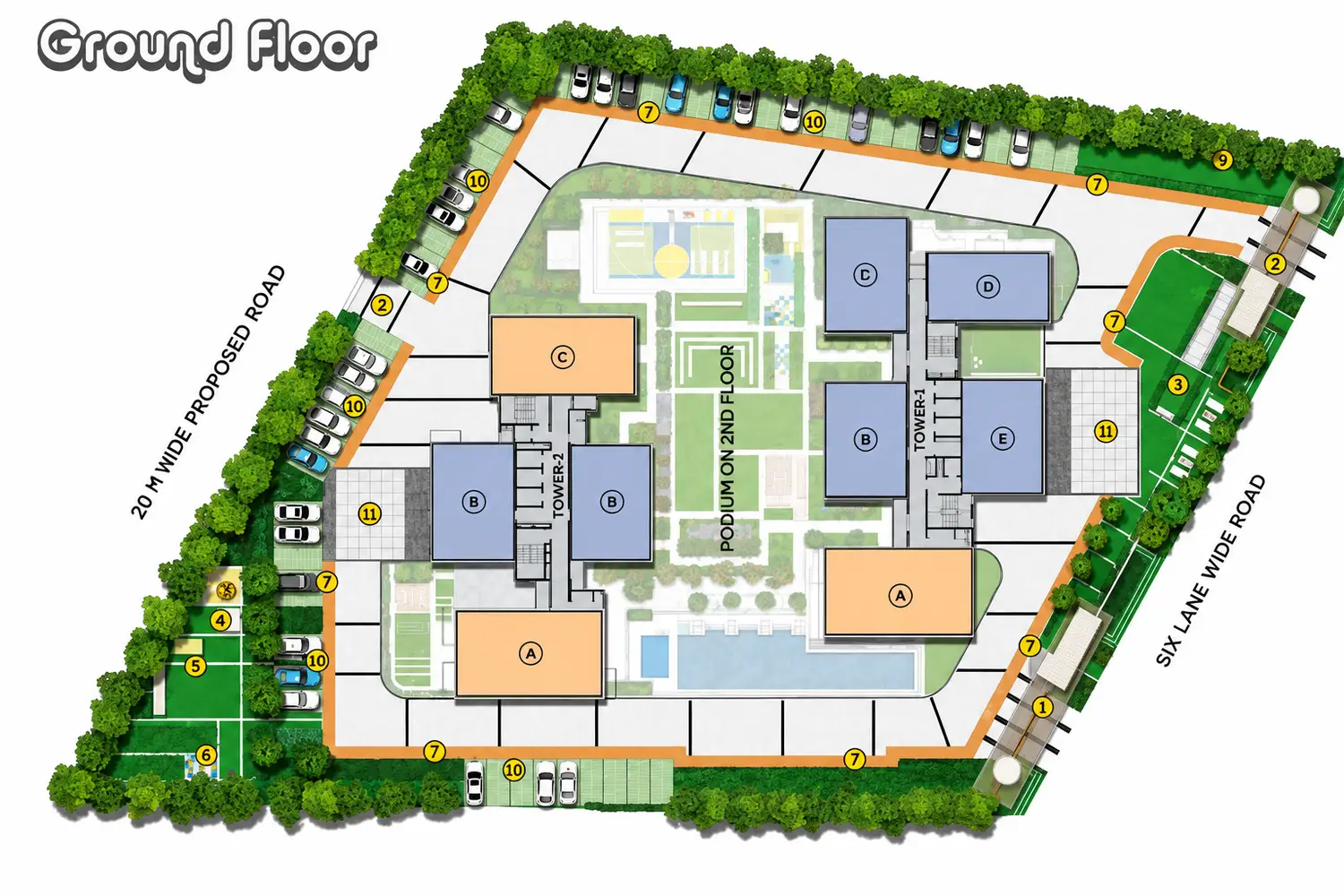 Vinayak Amara master plan showing residential towers, landscaped podium, swimming pool, sports courts, parking, and internal road network.