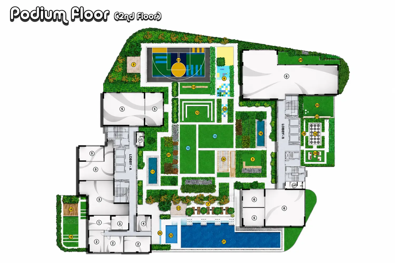 Vinayak Amara podium floor plan showcasing landscaped gardens, swimming pool, sports court, children's play area and recreational amenities.