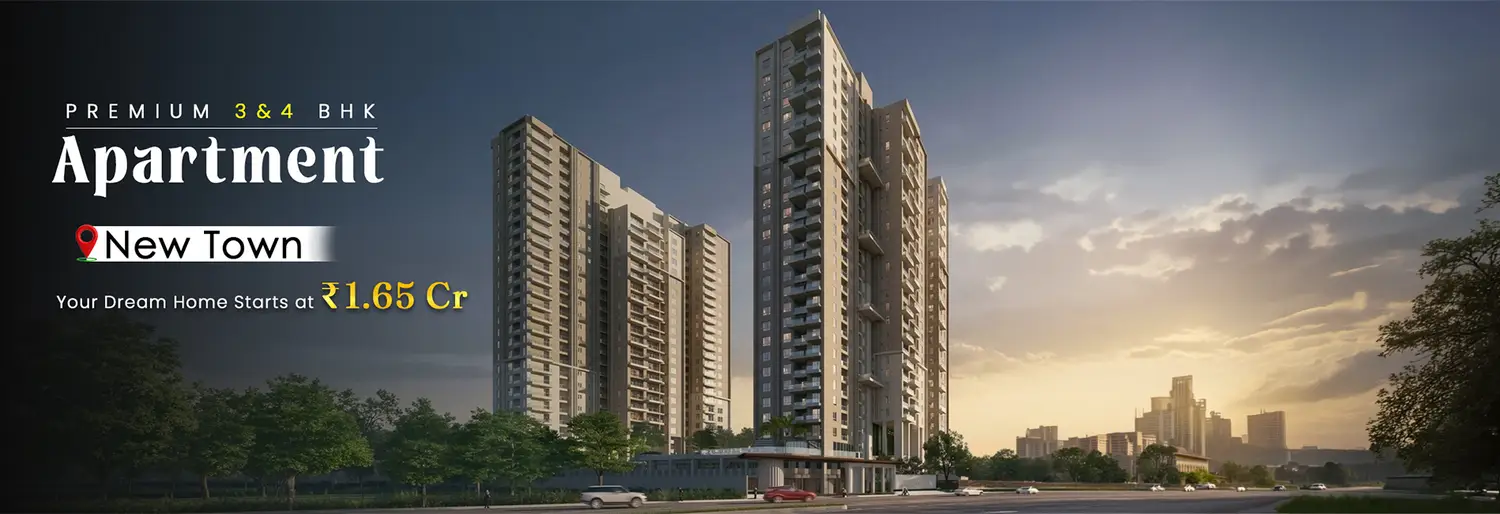 Vinayak Amara premium residential apartments in New Town featuring modern high-rise towers with spacious 3 & 4 BHK luxury homes starting at ₹1.65 crore, set amidst landscaped greenery and contemporary architecture.
