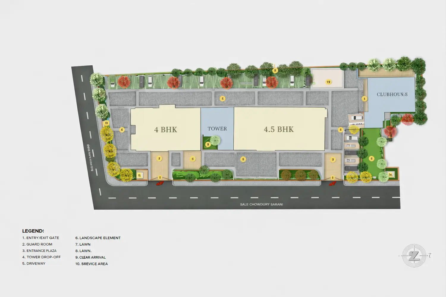 Primarc Aahana master plan in Kolkata showing the 4 BHK and 4.5 BHK residential towers, landscaped lawns, clubhouse, driveway, entry and exit gates and landscaped amenities.