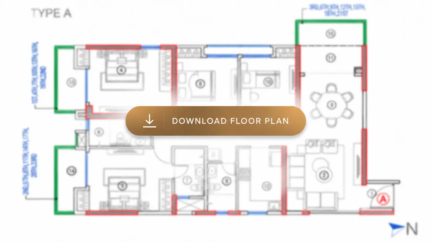 Anaaya Type A apartment floor plan showing a spacious residential layout with bedrooms, living and dining areas, kitchen, bathrooms, balconies, and a prominent “Download Floor Plan” button.